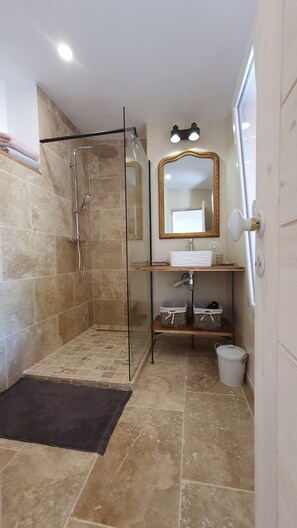Shower, hair dryer, towels
