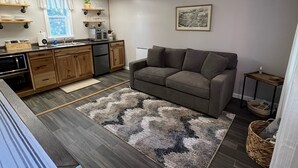 Un espace de vie compact comprenant un coin cuisine, un canapé gris et un tapis à motifs.