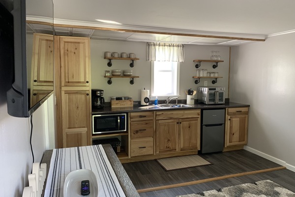 Fridge, microwave, oven, coffee/tea maker