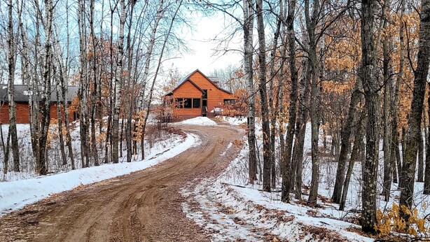 Una baita di legno con una strada sterrata che vi conduce, immersa tra alberi e neve.
