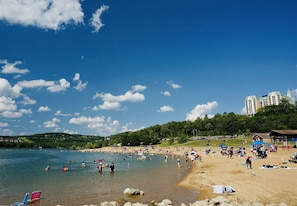 Guests can enjoy swimming and sunbathing on the beach.