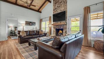 Smart TV, chimenea, libros