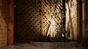 A stone-paved courtyard with a bamboo mat, a wooden lattice wall, and a small tree with light filtering through.