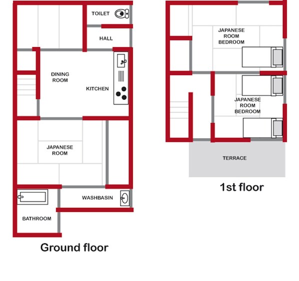 A ground floor layout with a dining room, kitchen, Japanese room, bathroom, and washbasin. - Rohji - Quaint house on a quiet street (Rennovated Nov 2025) (Kyoto)