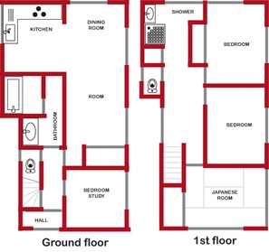 Un agencement au rez-de-chaussée comprenant une cuisine, une salle à manger, une salle de bain, une chambre servant de bureau et un hall d’entrée.