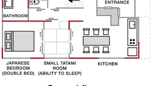 Un appartement situé au premier étage, comprenant une pièce de style japonais, une kitchenette, une salle de bain et une petite pièce avec un sol en tatami.