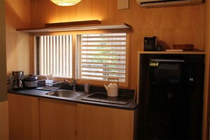 Fridge, microwave, coffee/tea maker, electric kettle