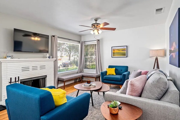 Smart TV, fireplace, books, music library