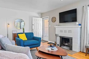 Smart TV, caminetto, libri, biblioteca musicale