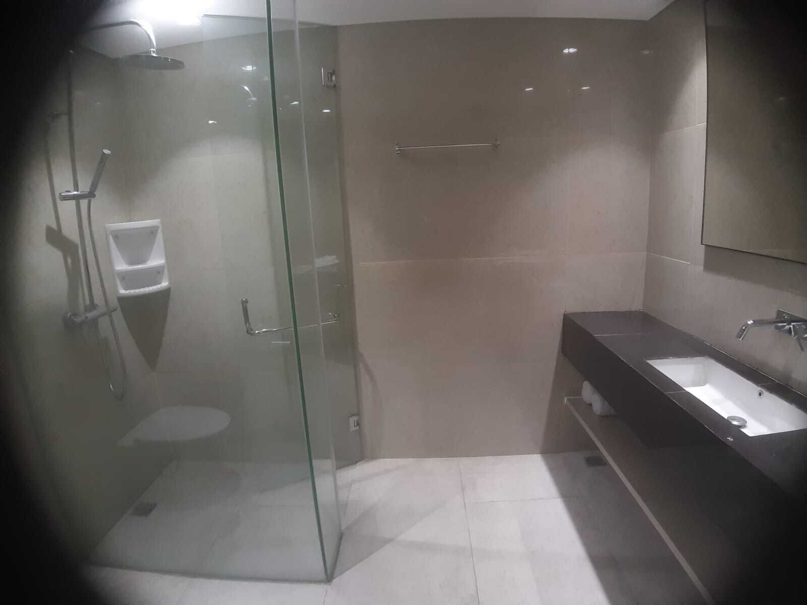A modern bathroom with a glass-enclosed shower, a white toilet, and a dark-colored sink with a mirror above it.