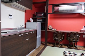 Fridge, microwave, electric kettle, toaster