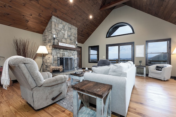 Smart TV, fireplace, books