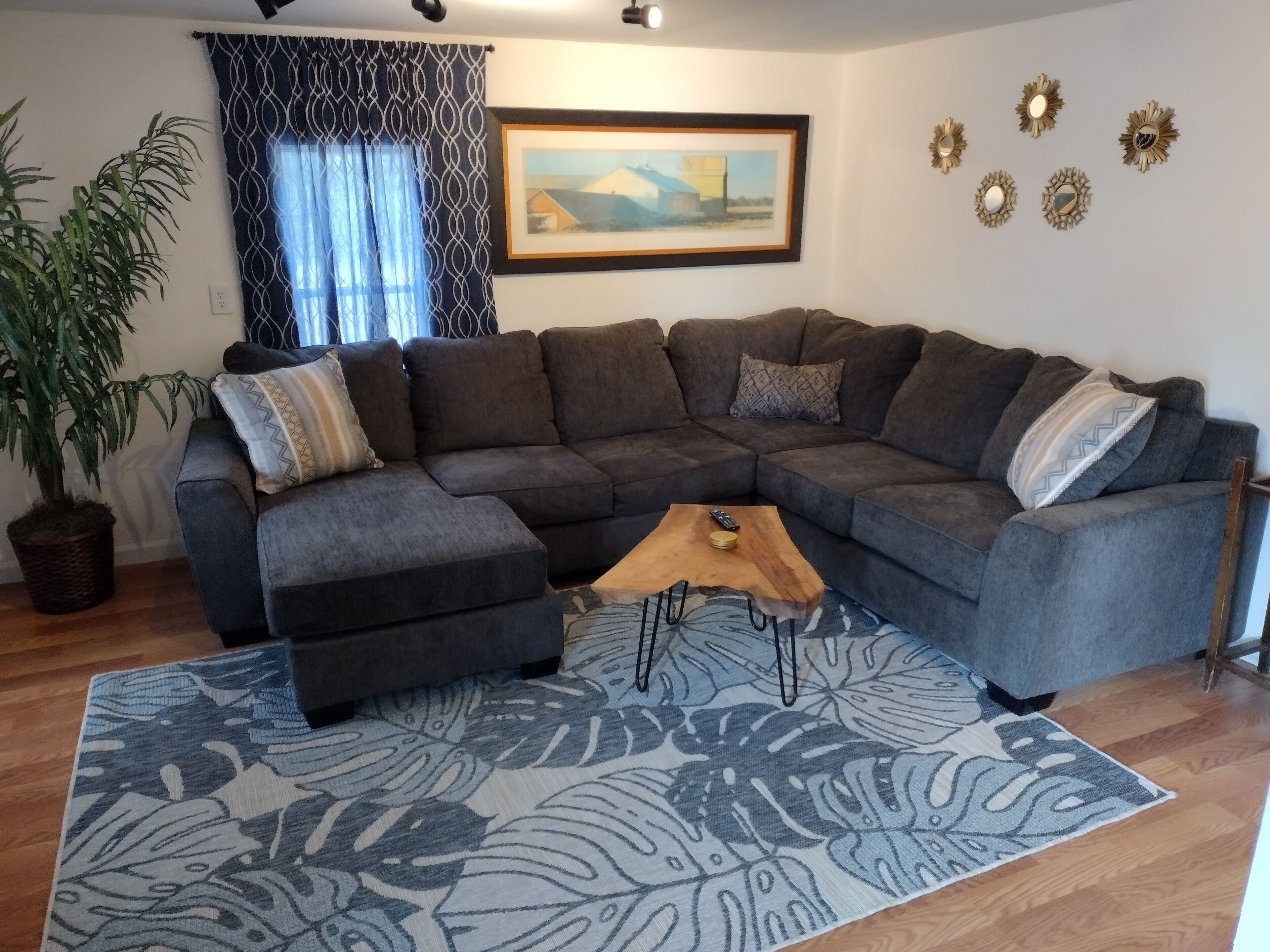 TV connectée, cheminée, lecteur de DVD, livres