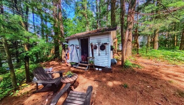 Una cabaña rústica con porche, rodeada de un bosque denso.