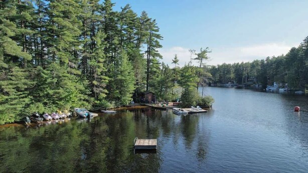 Un chalet paisible au bord d’un lac, avec des bateaux amarrés, entouré d’une forêt dense.