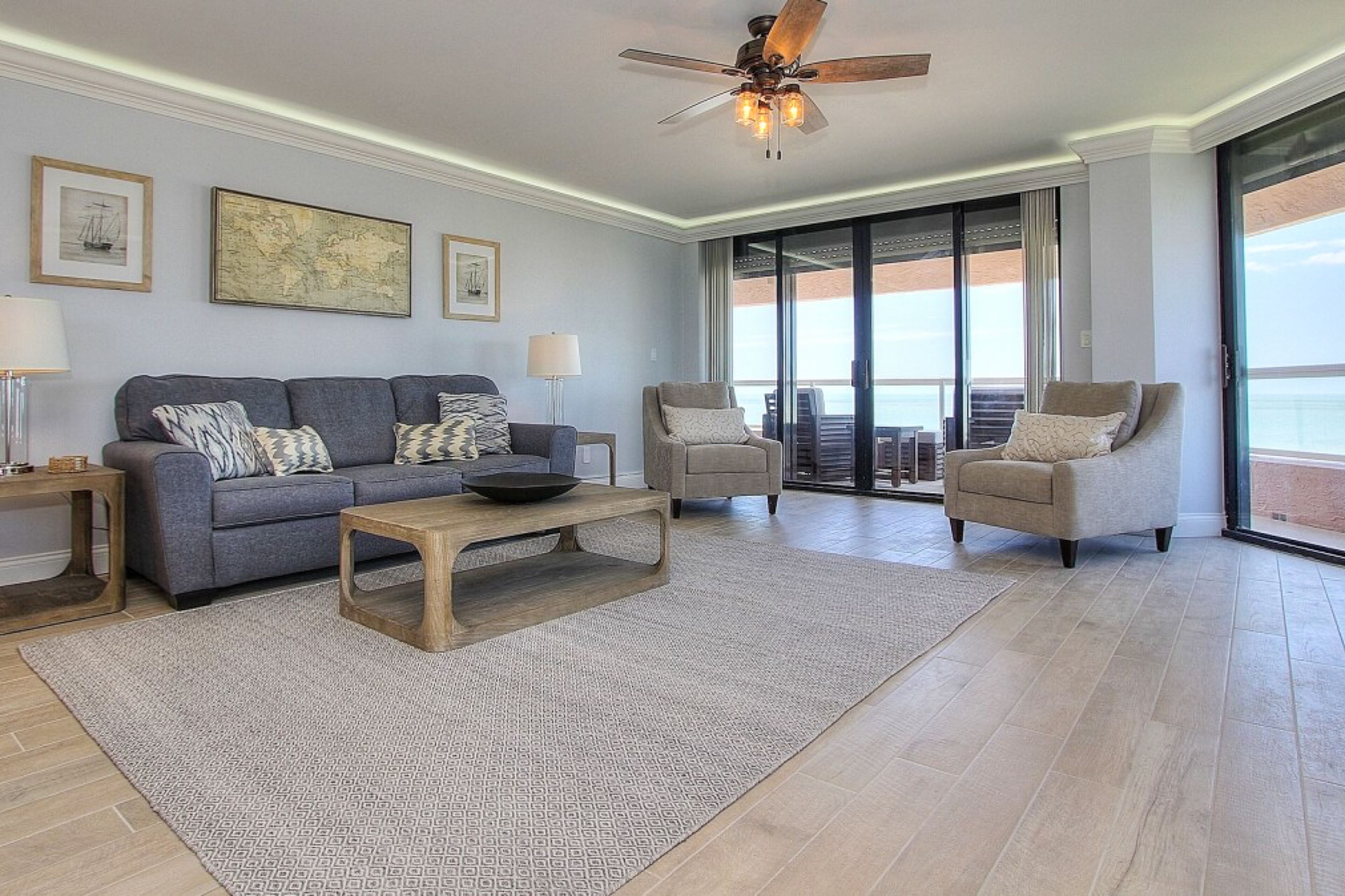 9th-floor beachfront condo with multiple balconies, pool, gym & sauna