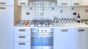 Une cuisine moderne équipée d’une cuisinière à gaz, d’un four et de meubles en acier inoxydable.