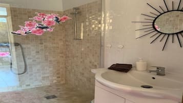 Chuveiro, secador de cabelo, toalhas de banho, sabonete