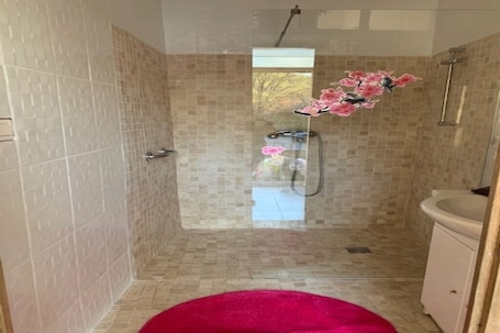 Douche, sèche-cheveux, serviettes fournies, savon. au bonheur de Lili