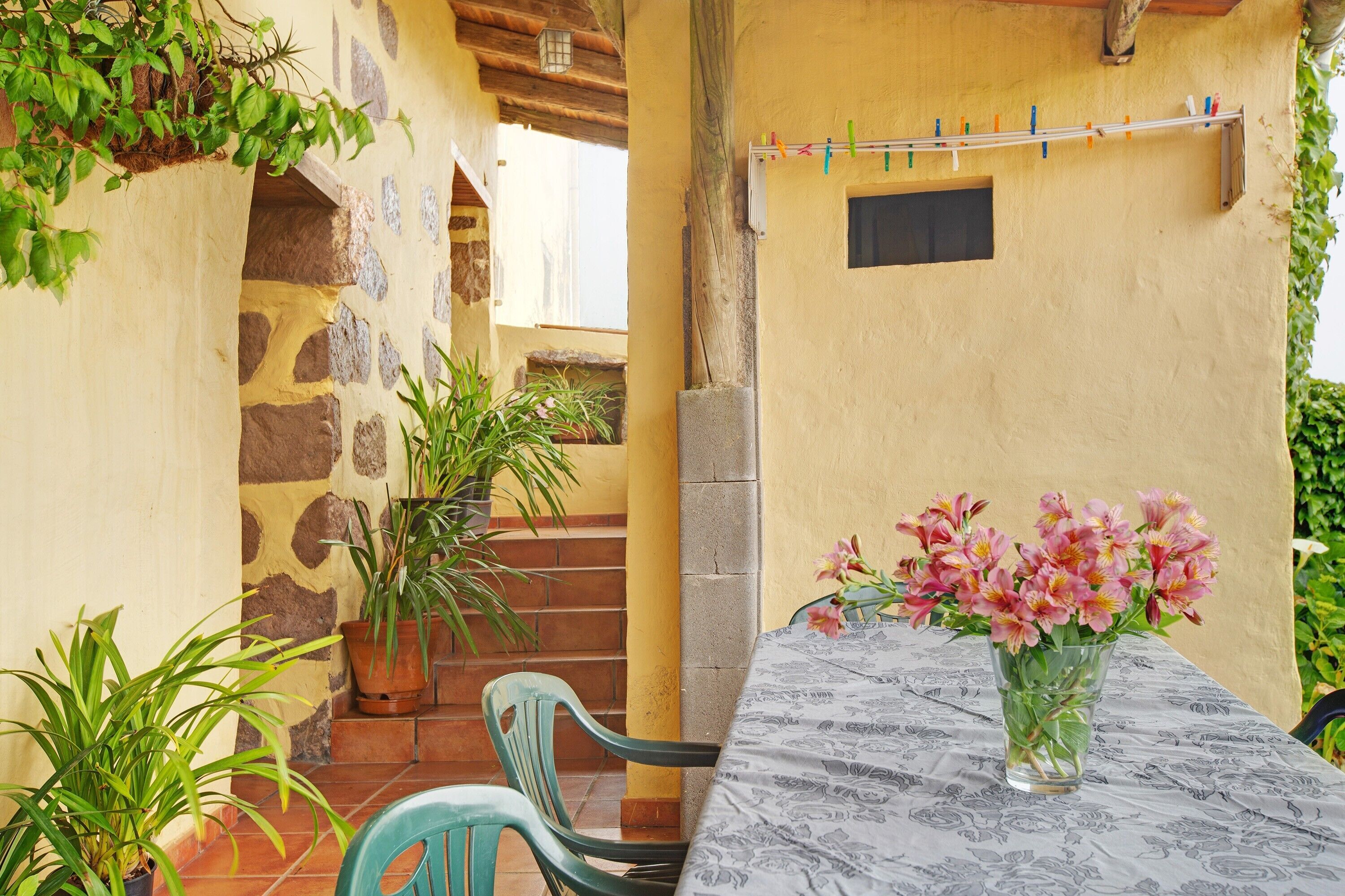A patio with a table, chairs, potted plants, and a vase of flowers.