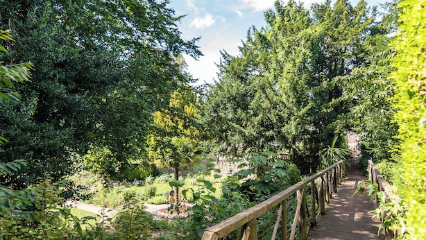 A wooden boardwalk through a lush garden with dense foliage and a stone wall in the background. - "Stafford Rest" – Cozy Apartment with Smart TV, WiFi, and Stunning Street Views (Norfolk)