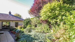 A house with a tiled patio, a garden with various plants, and a red-leaved tree. - Edencroft (Penrith)