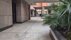 Un couloir au sol carrelé, un bac à plantes contenant des plantes vertes et l’entrée d’un immeuble avec une porte en verre.