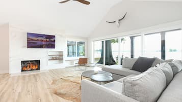 Smart TV, fireplace, books