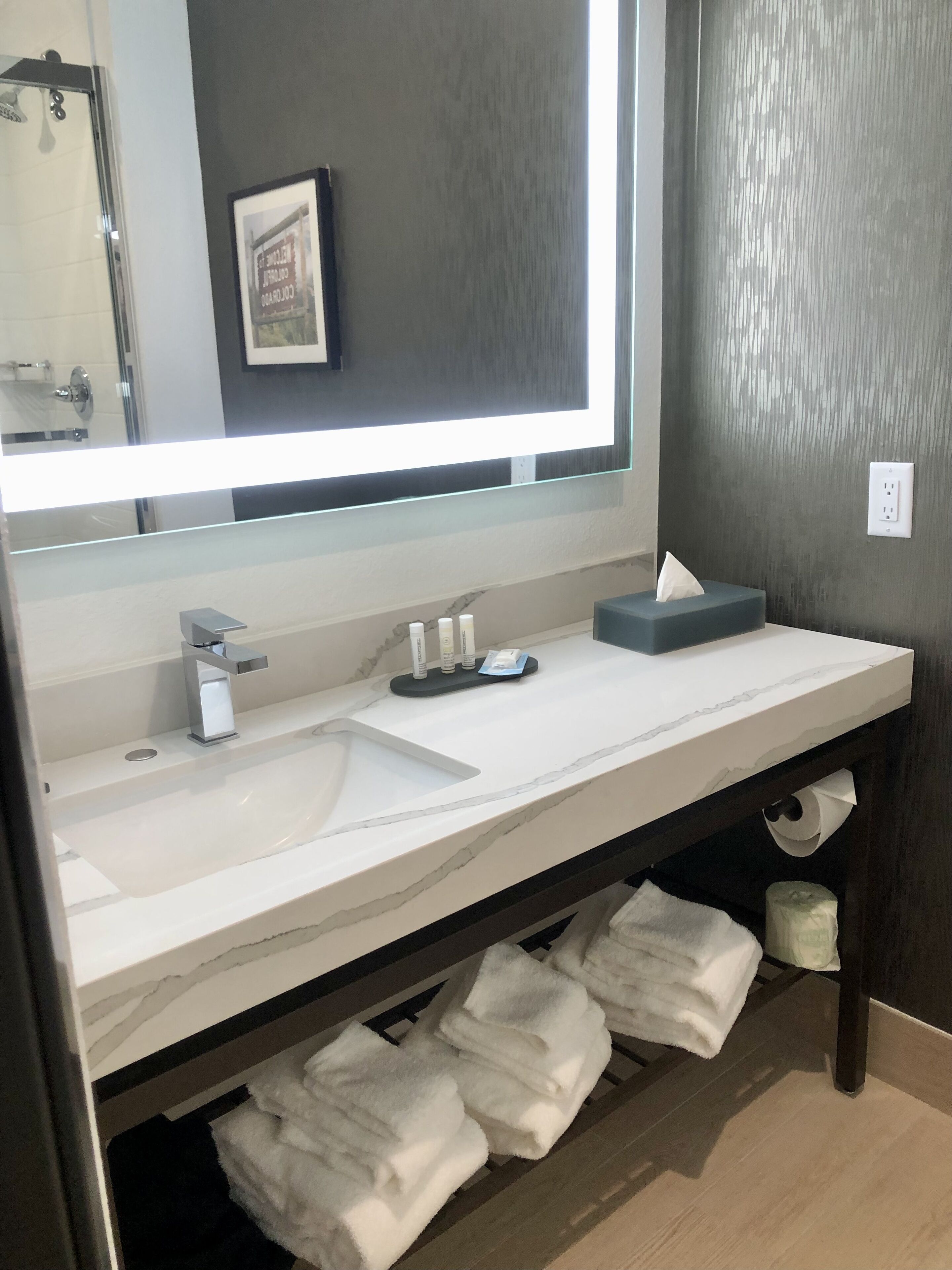A bathroom with a large mirror, two sinks, a towel rack with folded towels, and a framed picture on the wall.