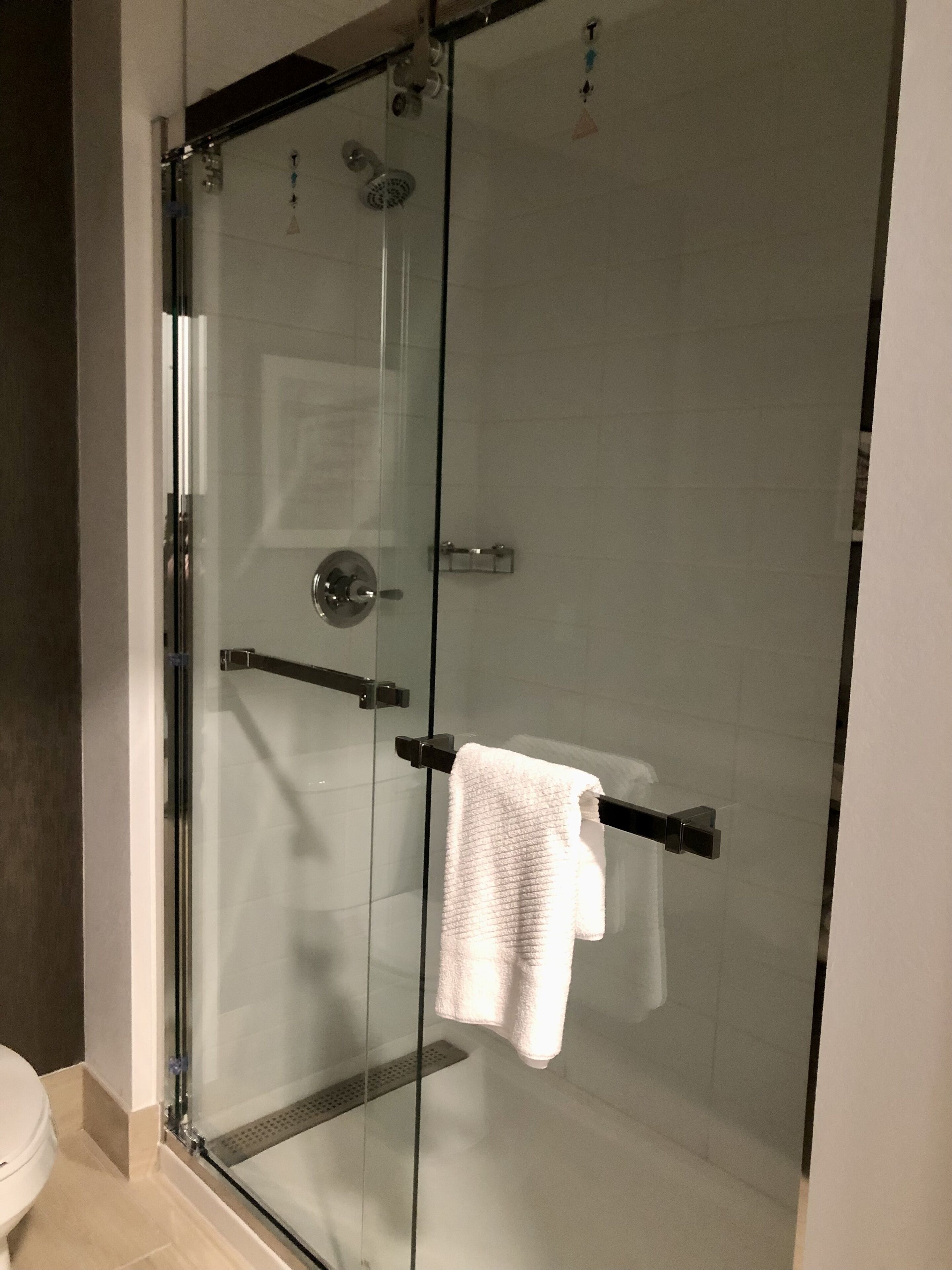 En brusekabine med glasdøre, et håndklædetørrestativ og et toilet til venstre.