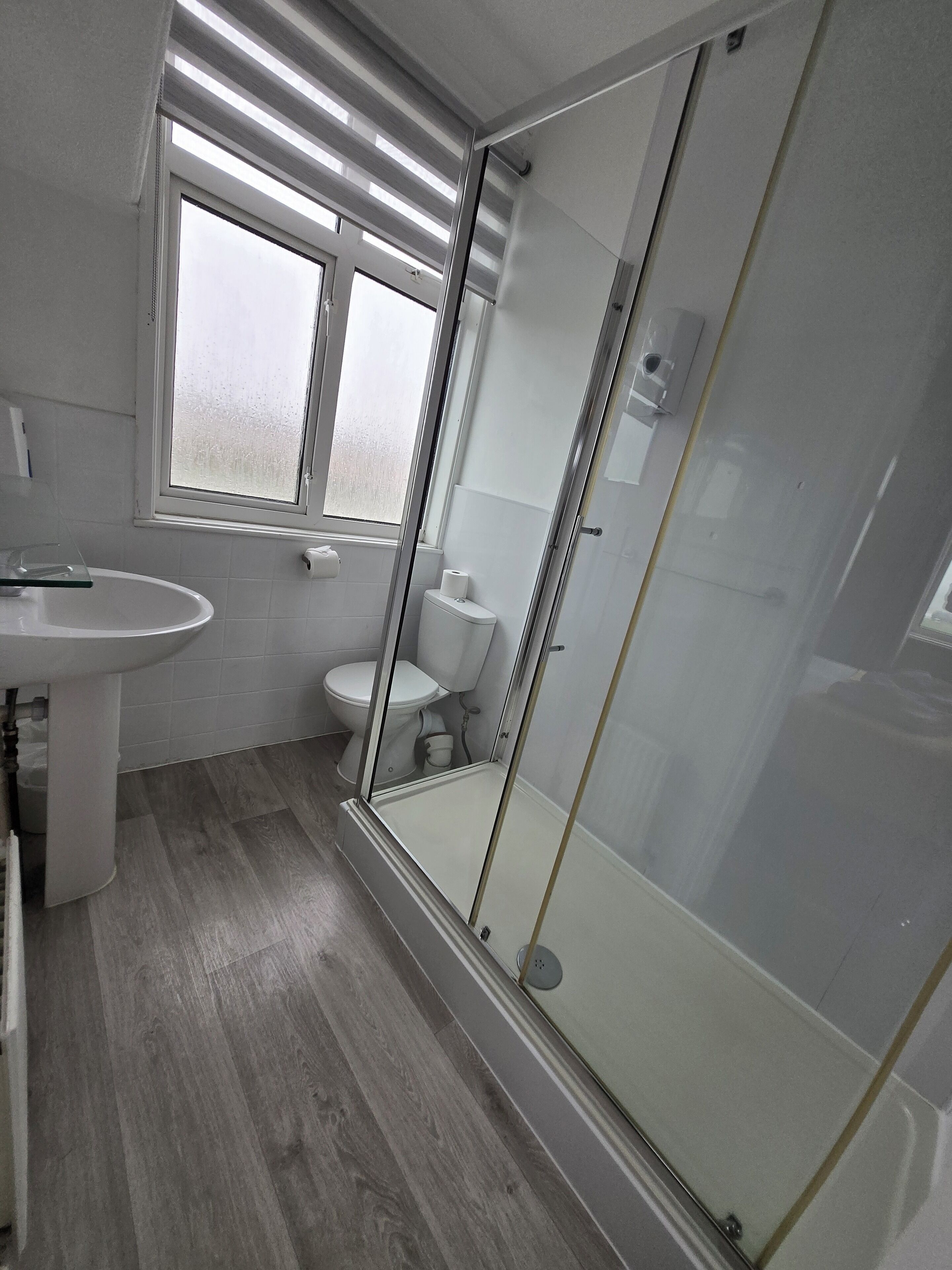 Un baño moderno con ducha de vidrio, un lavabo blanco y un inodoro.