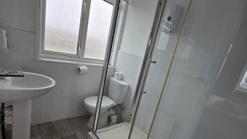 Un baño moderno con ducha de vidrio, un lavabo blanco y un inodoro.