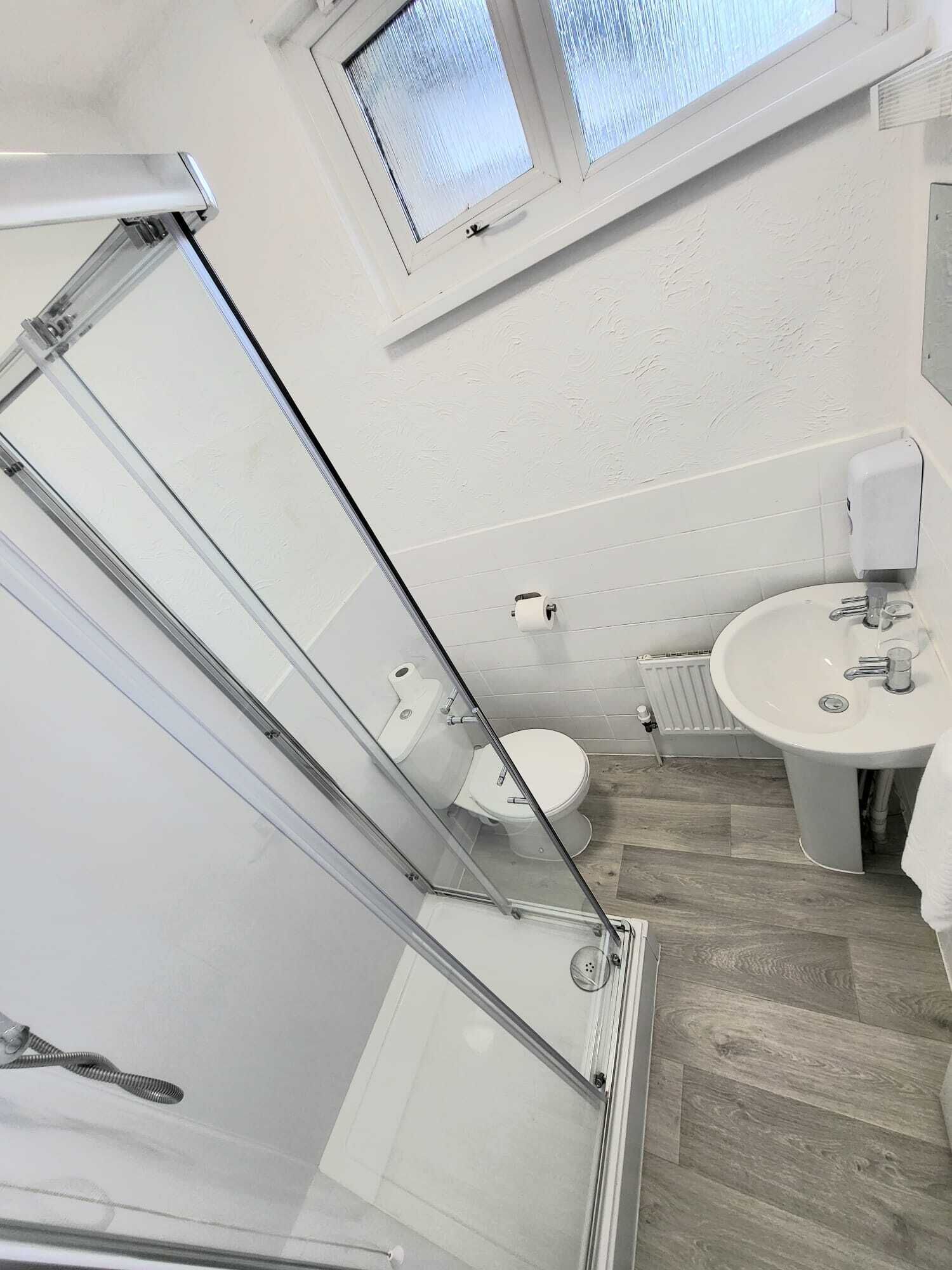 A modern bathroom with a glass shower enclosure, a toilet, and a sink.