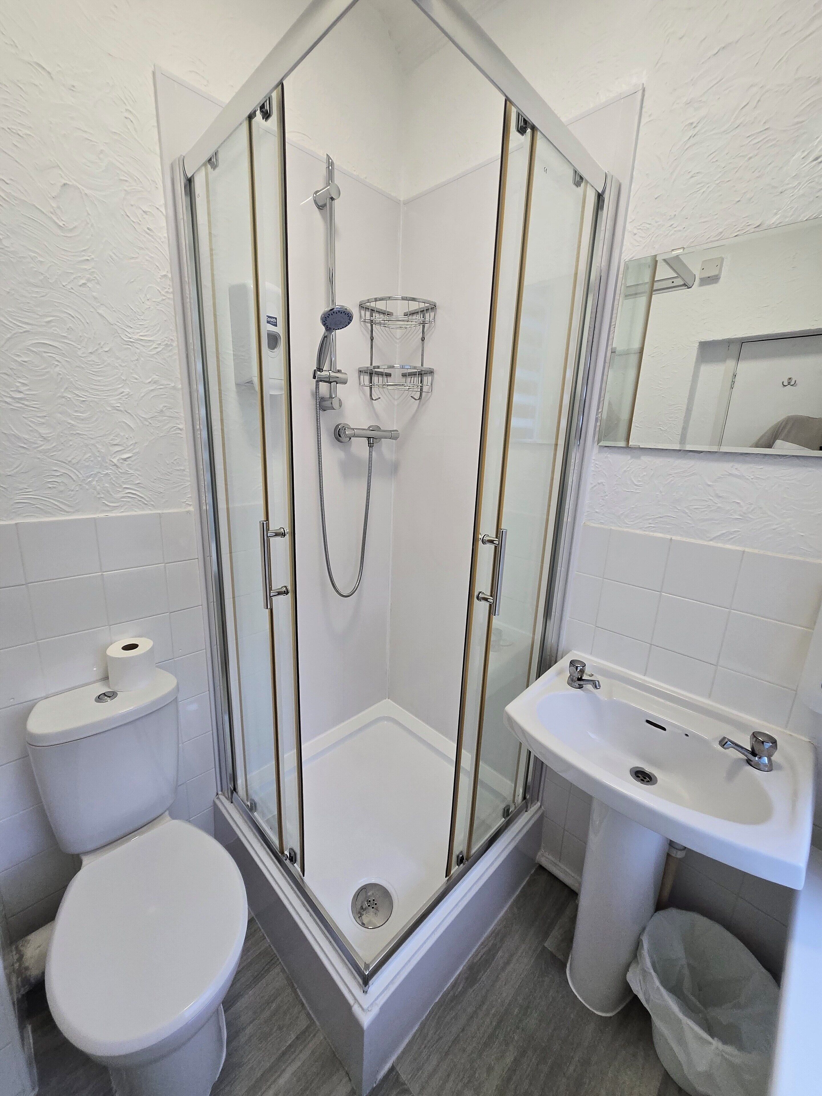 Une douche avec des portes en verre, des toilettes et un lavabo avec un miroir au-dessus.
