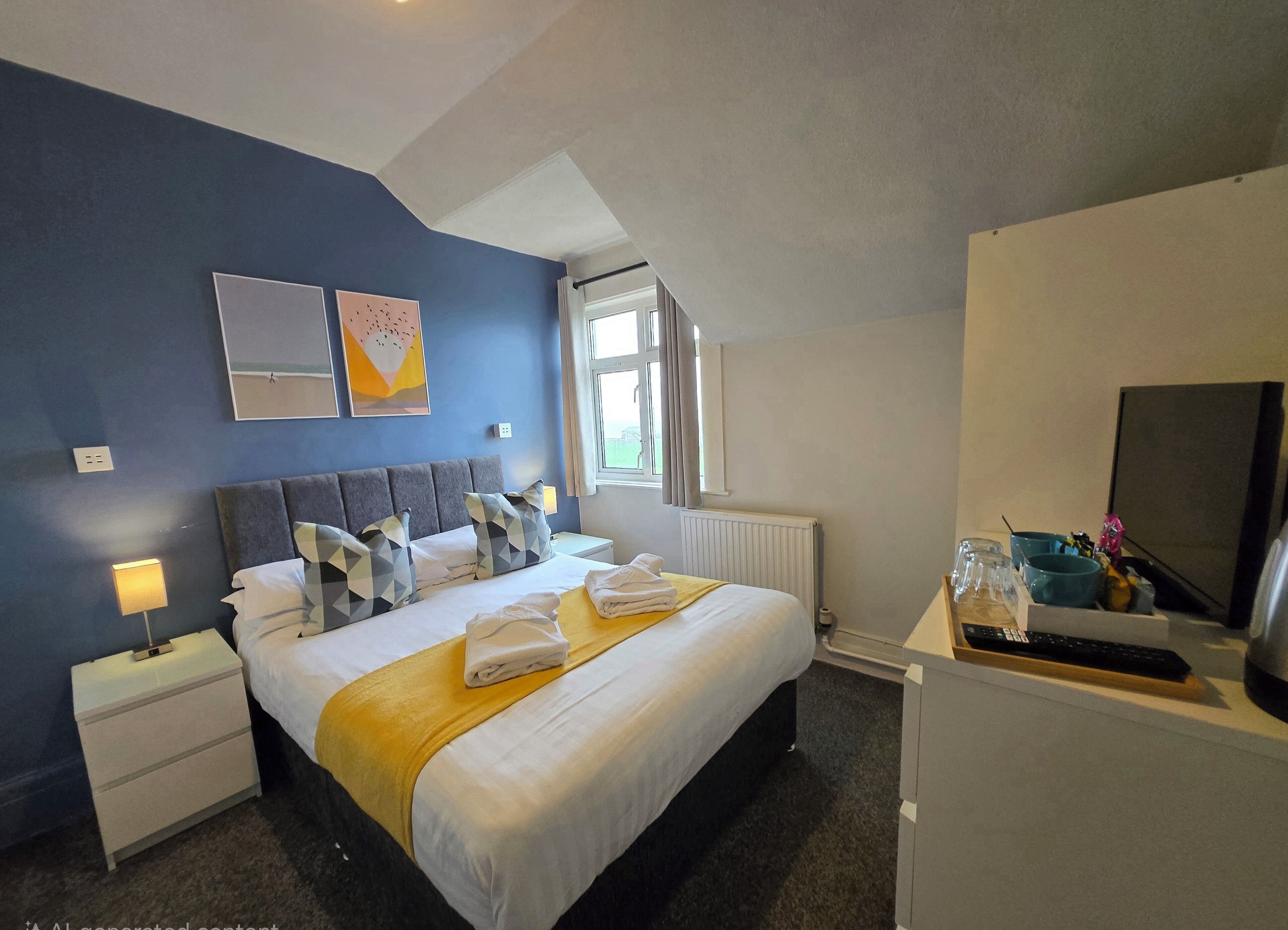 Een hotelkamer met een bed, nachtkastjes, een televisie en een raam.