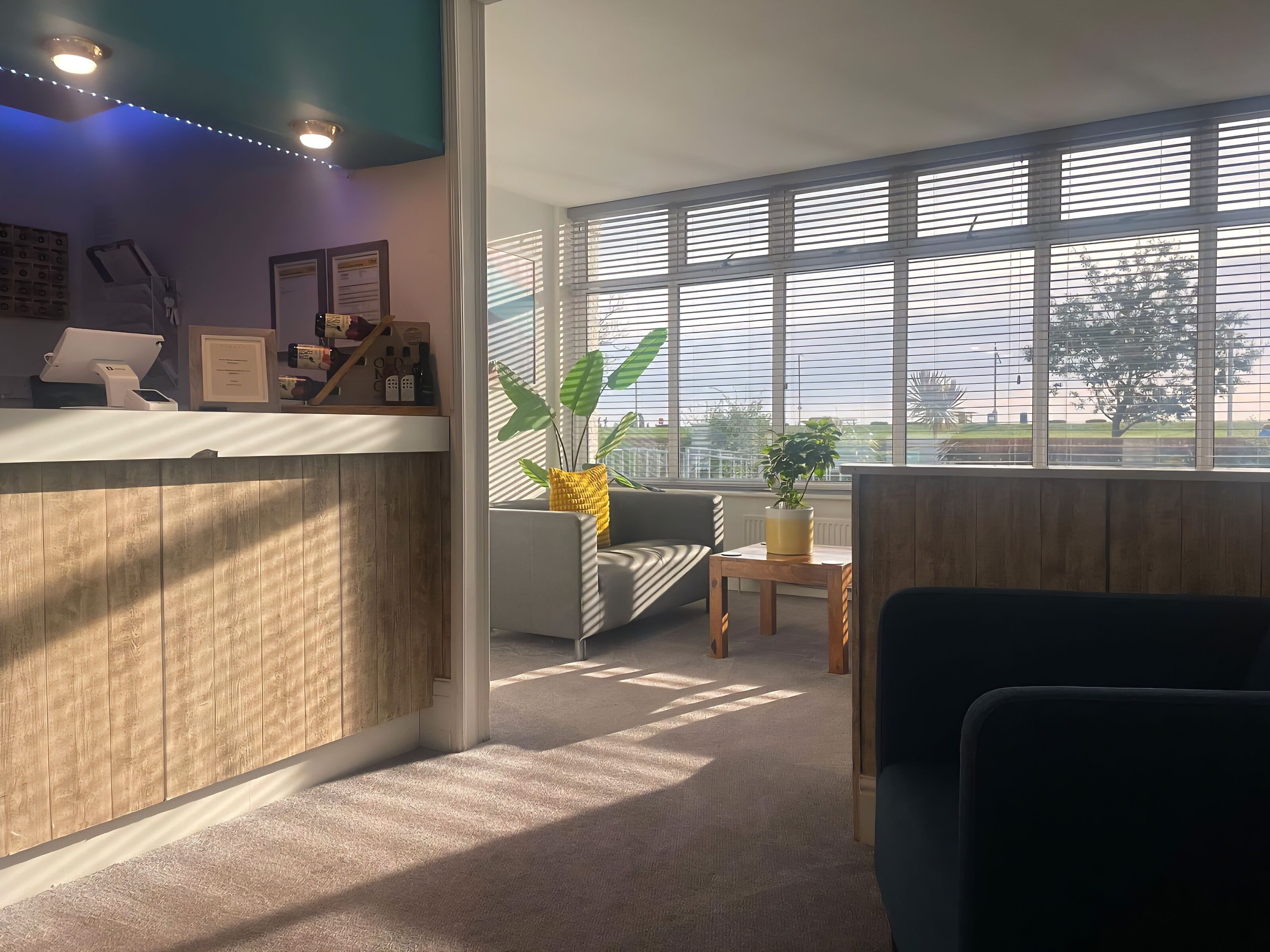 A reception area with a wooden counter, a desk, and a couch. There are large windows with blinds, and a plant on a small table.