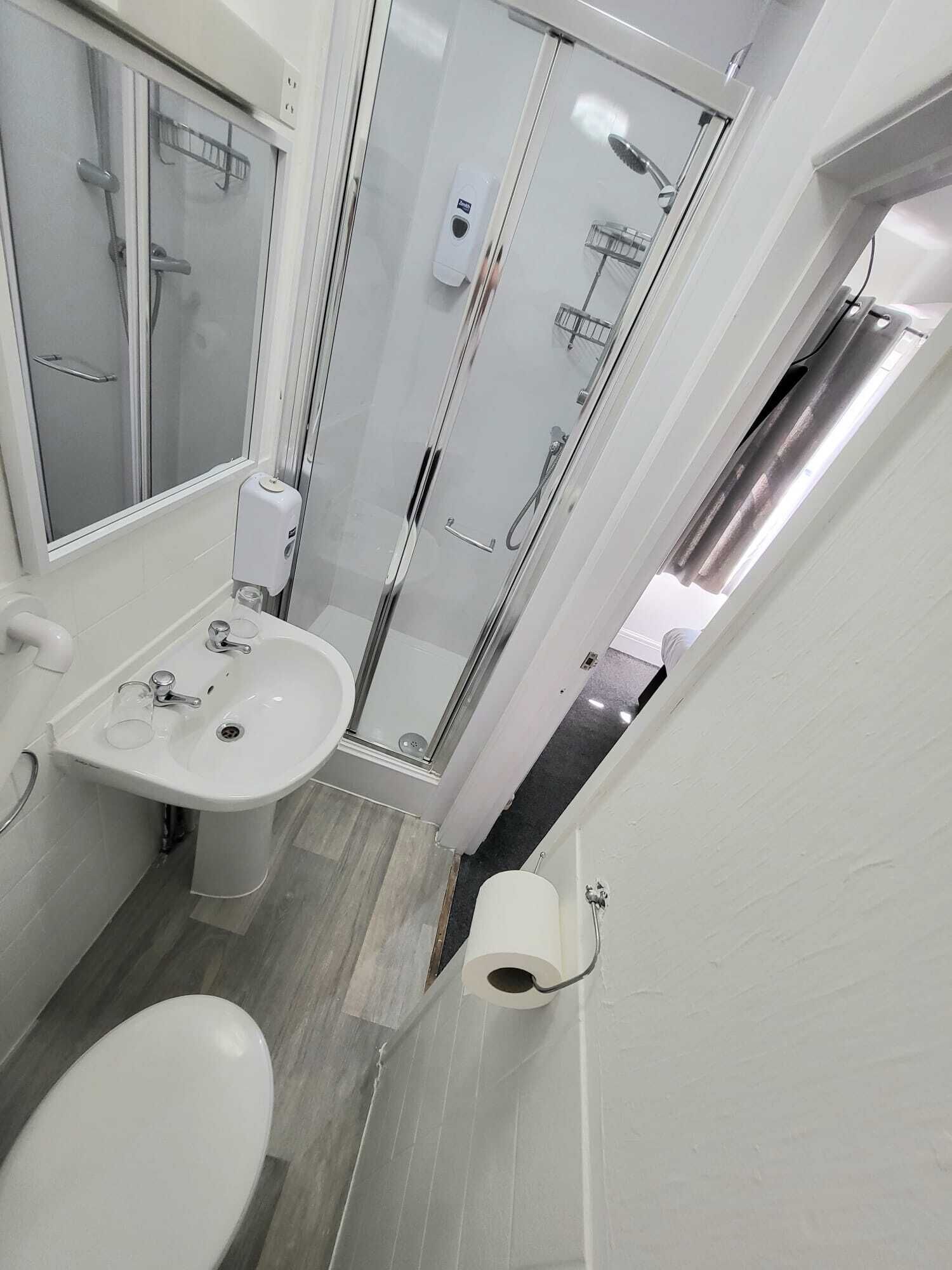 A modern bathroom with a glass-enclosed shower, a white sink, and a toilet.