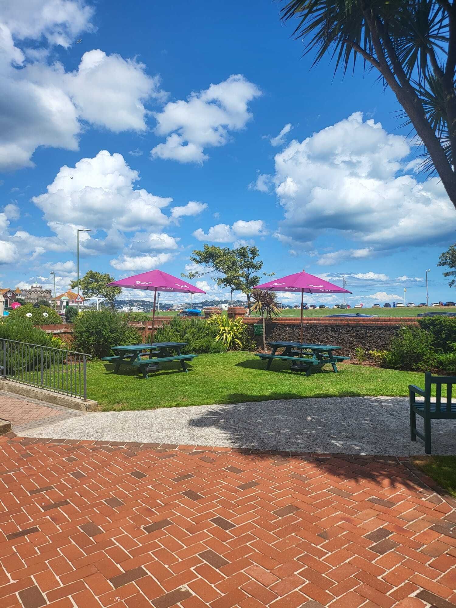 A paved patio area with picnic tables and pink umbrellas, surrounded by greenery and a clear blue sky.