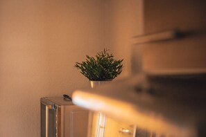 Un rincón de una habitación con una planta en maceta sobre una mesa y una maleta.