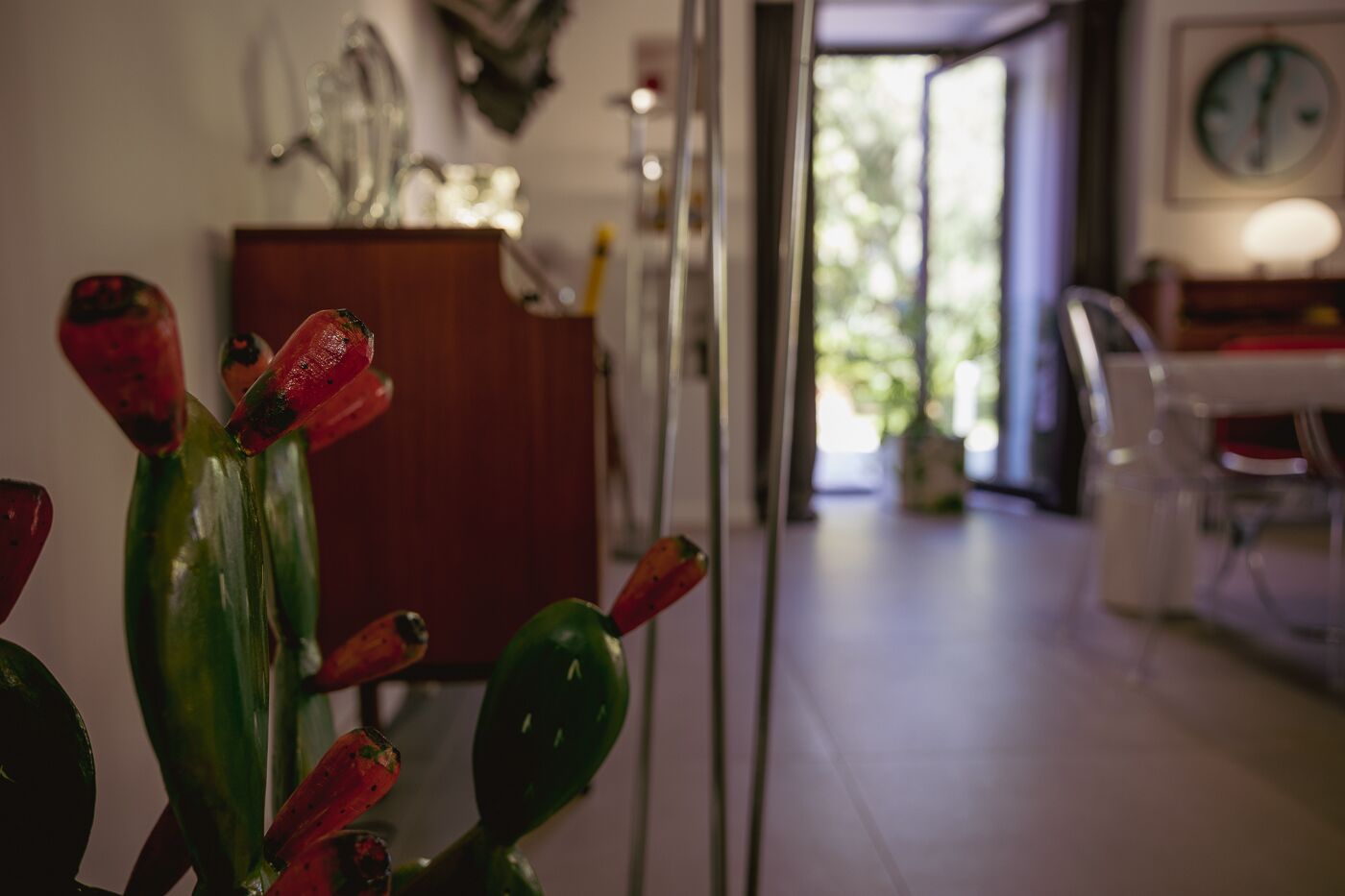 Una planta de cactus en una habitación con un armario de madera y un reloj en la pared.