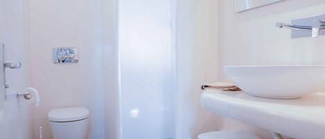A modern bathroom with a white toilet, a shower, and a sink with a large bowl.