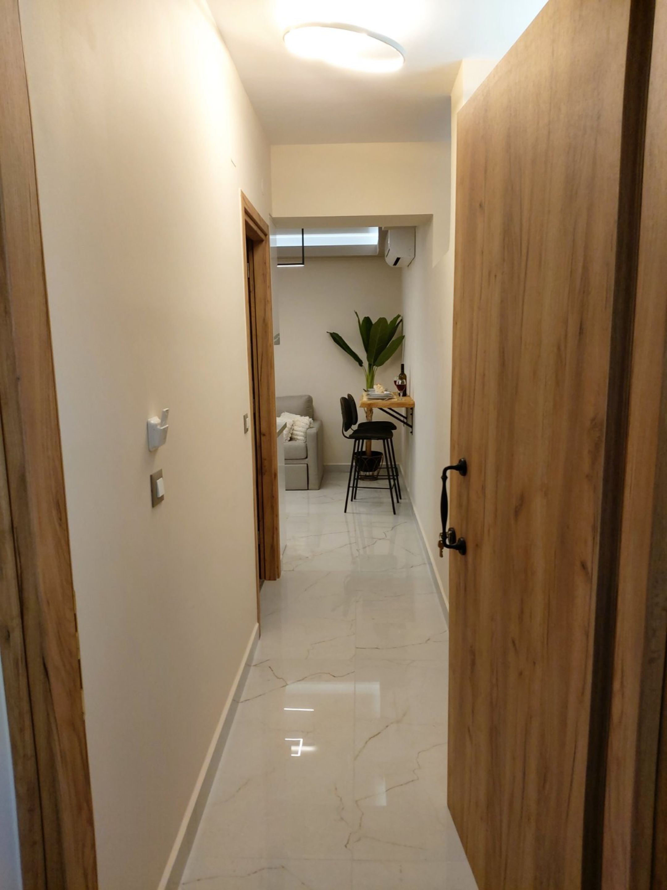 A narrow hallway with a wooden door on the right, a small table with chairs, and a plant in the background.