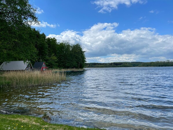 Vista de un lago con una cabaña roja y una zona verde.