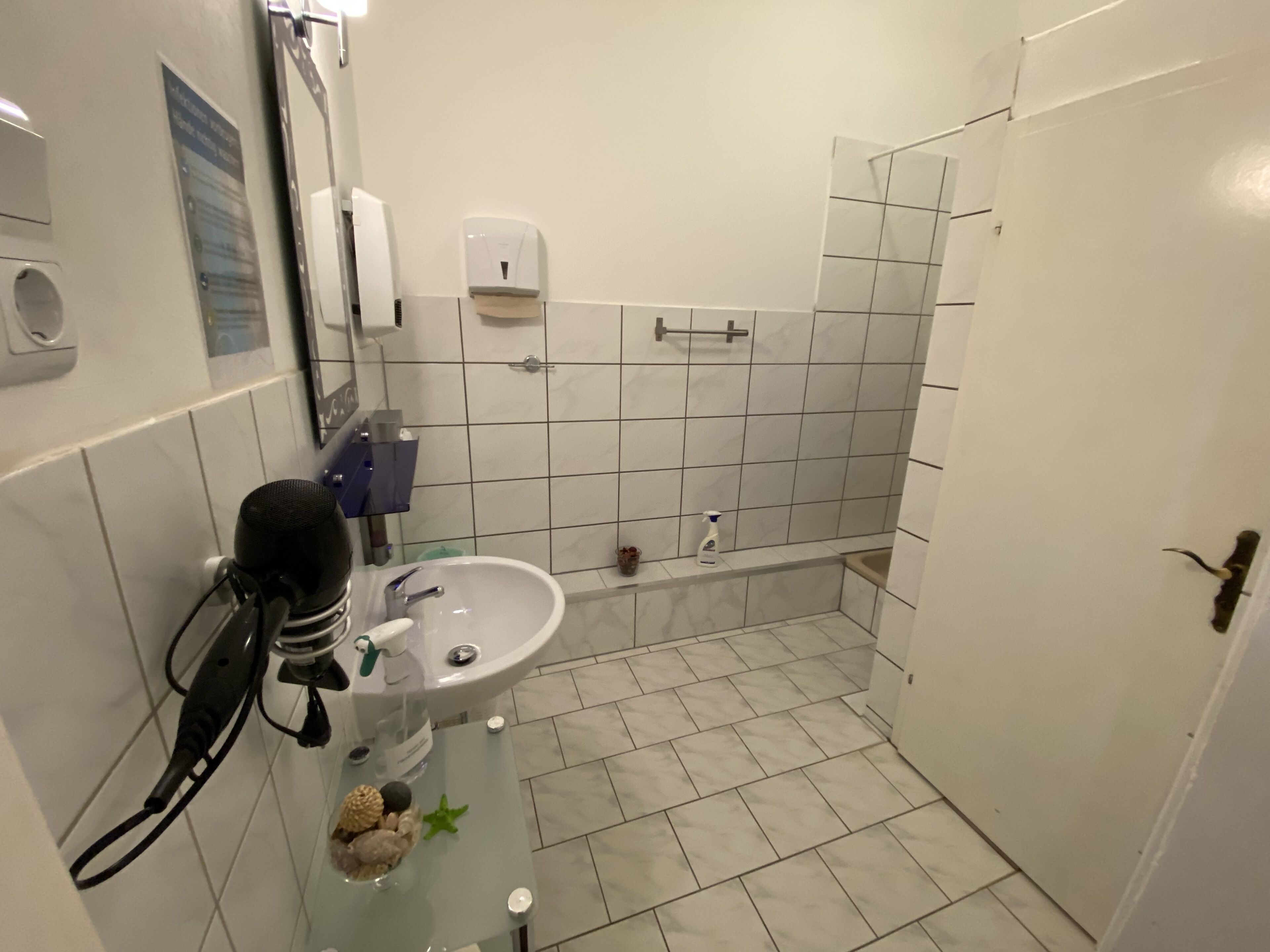 Ein Badezimmer mit Waschbecken, Seifenspender und einer Glasablage mit Dekoration.