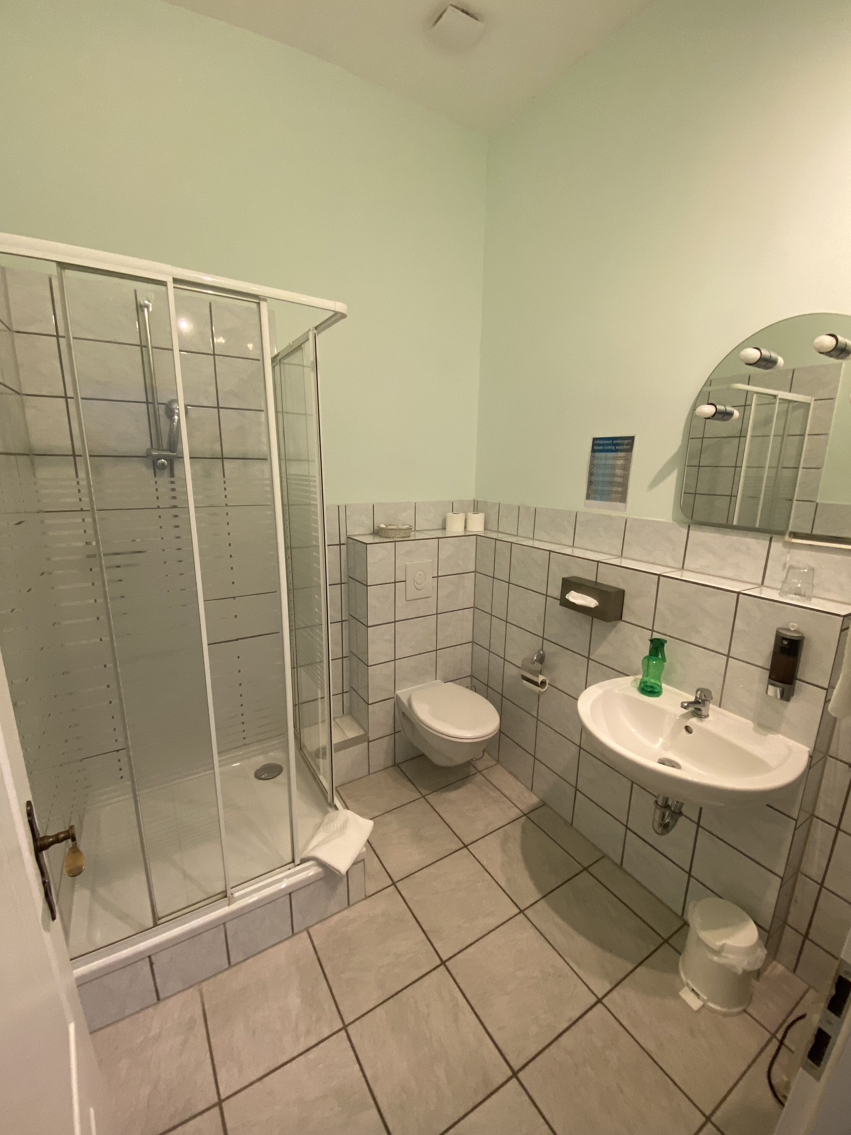 Een badkamer met een douchecabine van glas, een toilet, een wastafel en een spiegel.