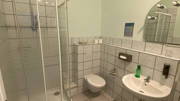 Een badkamer met een douchecabine van glas, een toilet, een wastafel en een spiegel.