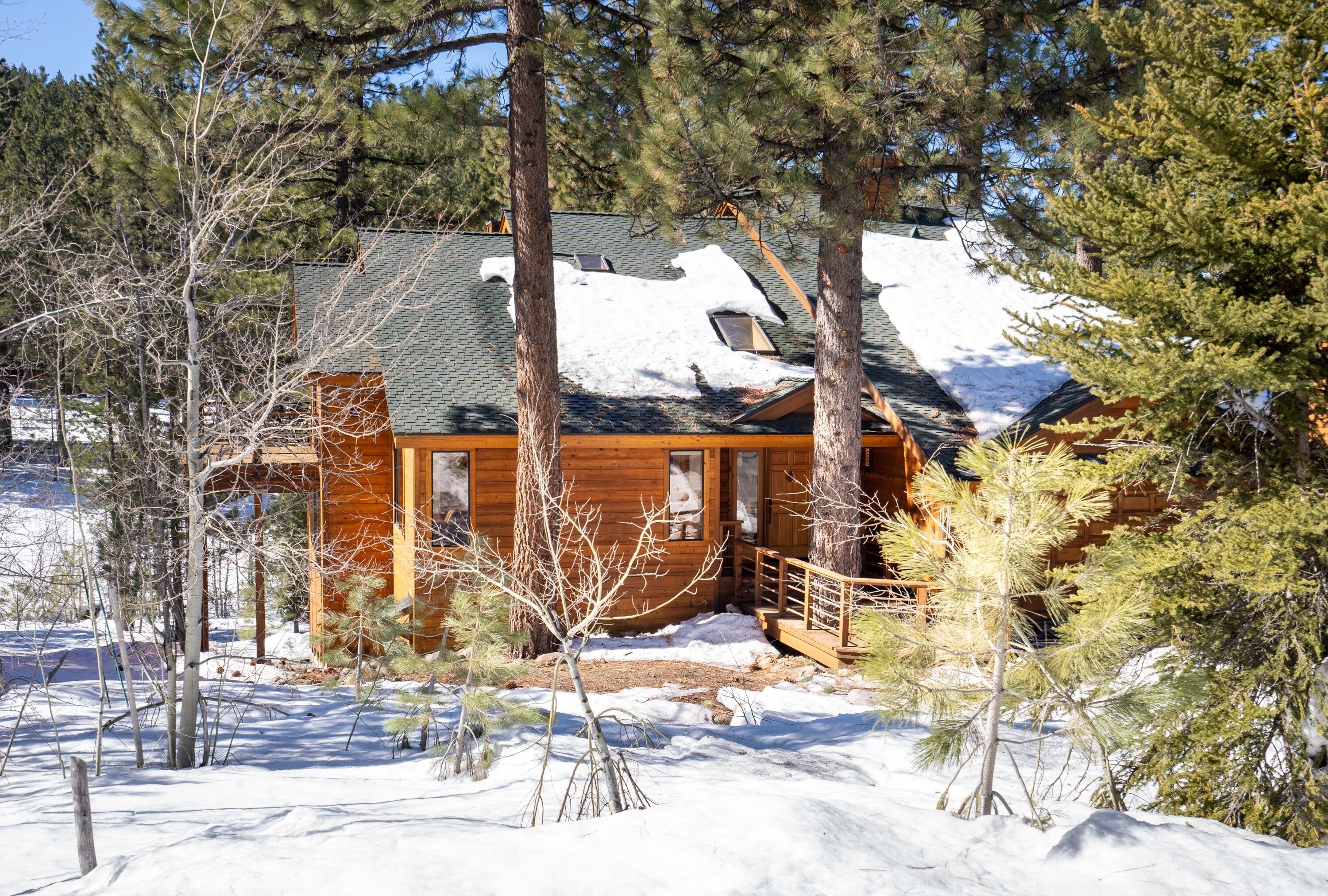 A wooden cabin with a sloped roof, surrounded by snow and pine trees.