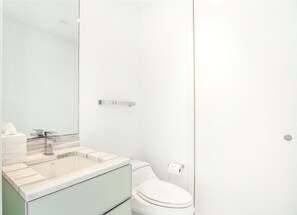 Combined shower/tub, hair dryer, soap, shampoo