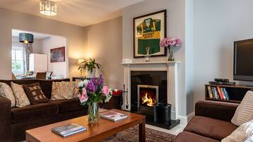 Tv, eldstad, dvd-spelare och böcker