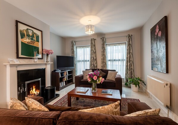 TV, fireplace, DVD player, books